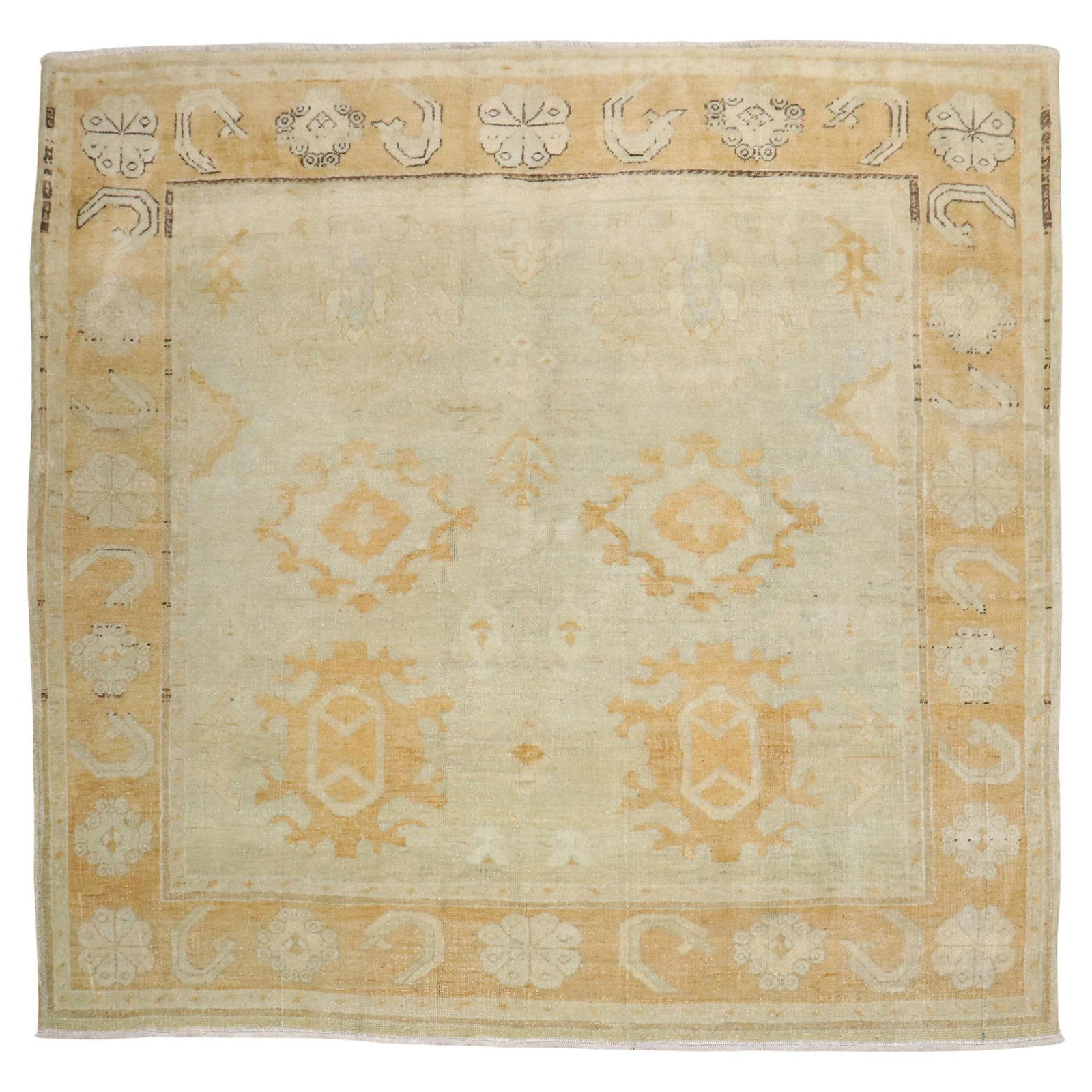 Vintage Turkish Oushak Hand-Knotted Wool Rug 5'5'' x 5'11'' Archaistic Style: Vintage Turkish Oushak Hand-Knotted Wool Rug 5'5'' x 5'11'' Archaistic Style This exquisite square-shaped Turkish Oushak rug showcases the rich heritage of Archaistic style. Hand-knotted from