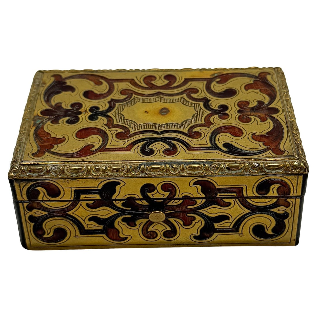 French Boulle Style Brass Inlaid Snuff Box with Candleholder 18th Century: French Boulle Style Brass Inlaid Snuff Box with Candleholder 18th Century This unusual French snuff box from the 18th century is crafted in the distinctive Boulle style, featuring intricate brass inla