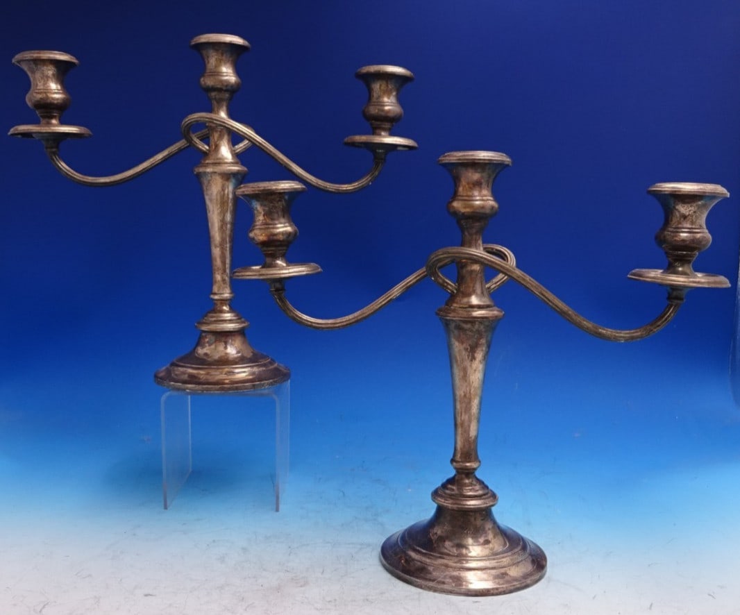 Pair of Gorham Old French Sterling Silver Three Light Candelabras: Pair of Gorham Old French Sterling Silver Three Light Candelabras This pair of Old French pattern three-light candelabras is crafted from sterling silver by Gorham. Made in the United States between 1
