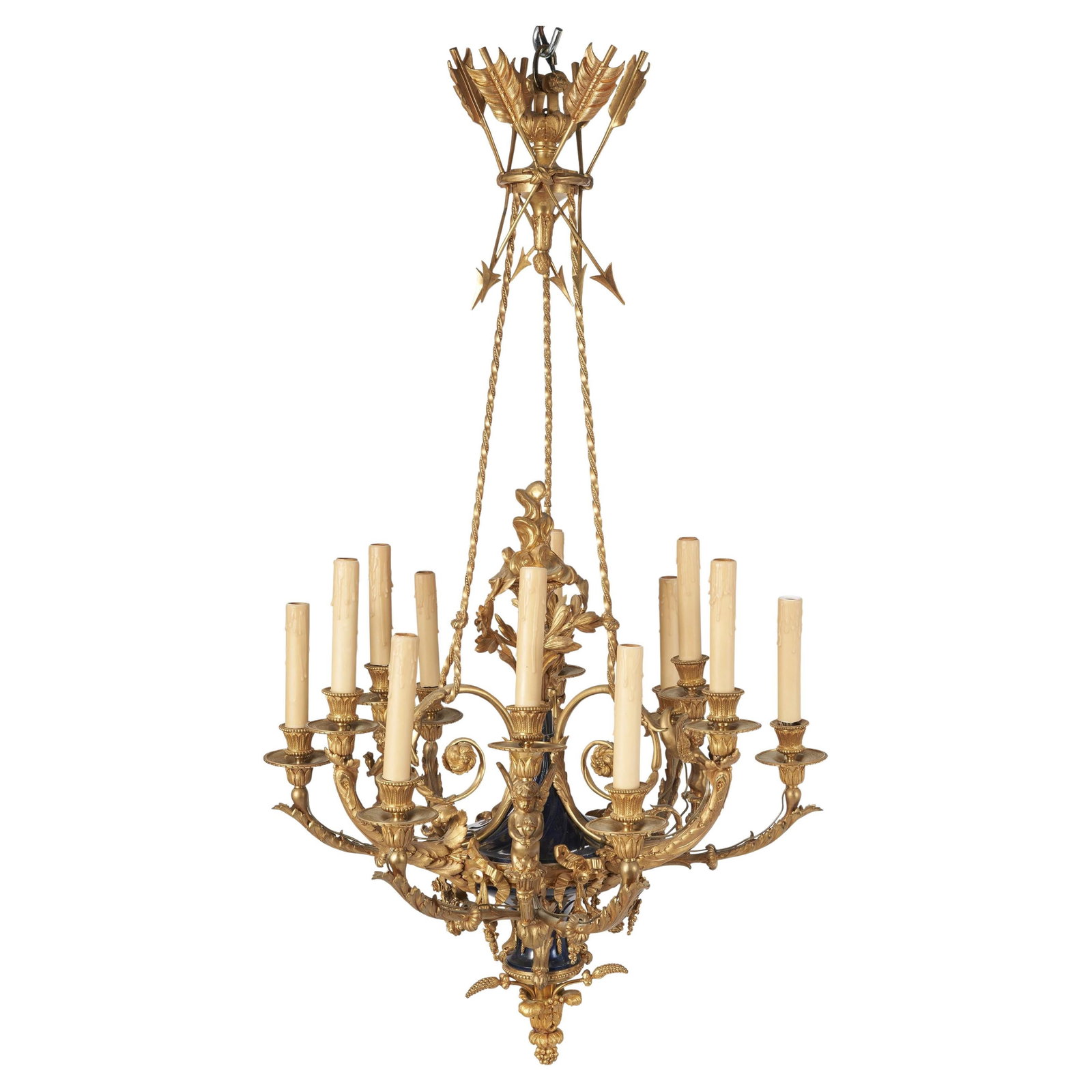Louis XVI Inspired 12 Light Gilt Bronze Chandelier with Churib Motif: Louis XVI Inspired 12 Light Gilt Bronze Chandelier with Churib Motif This Louis XVI style chandelier by Maison Mottheau features exquisite French craftsmanship from the 19th century. Made from gilt br