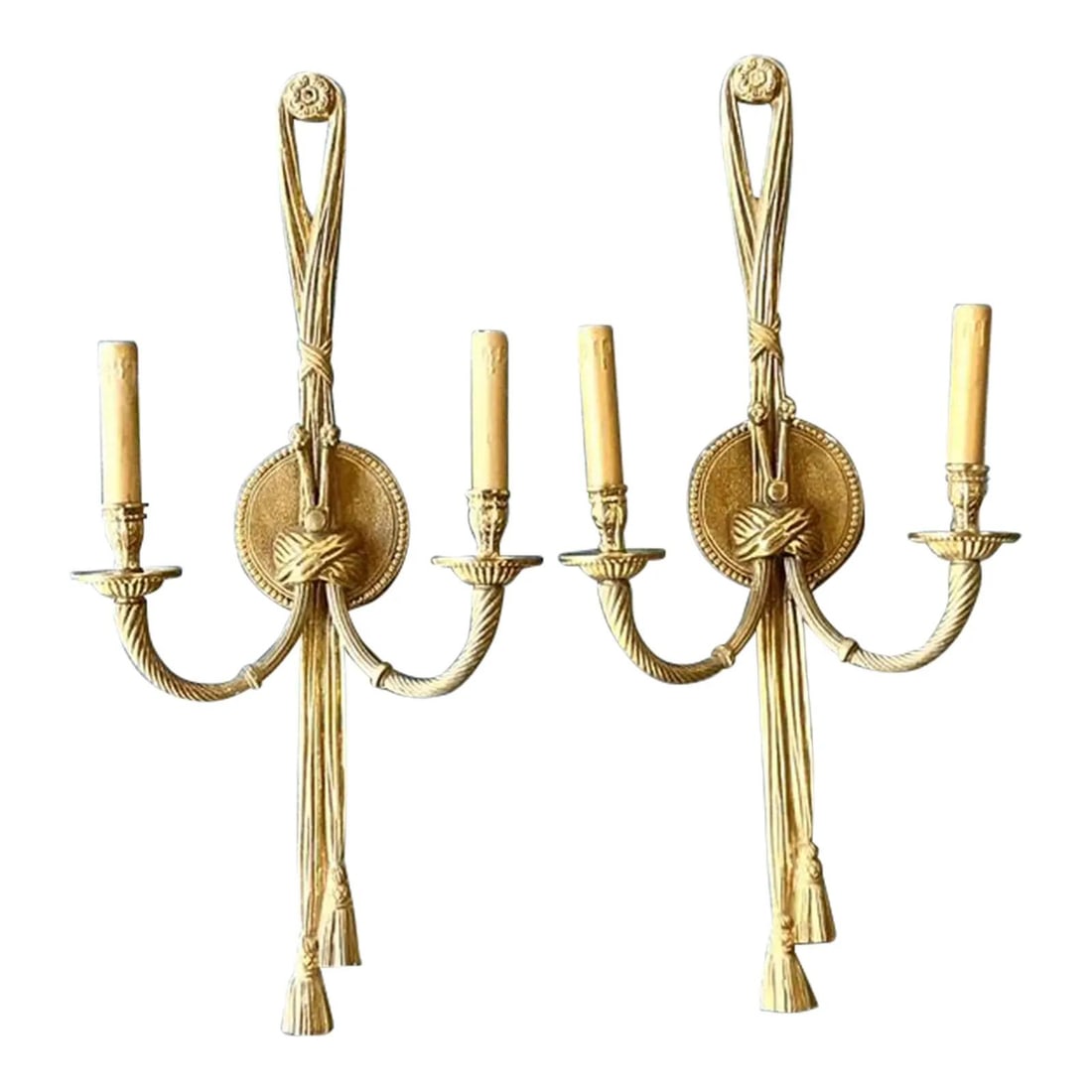 Pair of Brass Rope and Tassel Wall Sconces French Regency Style: Pair of Brass Rope and Tassel Wall Sconces French Regency Style This pair of vintage Regency swag light sconces showcases French Regency elegance and Neoclassical style. Each wall sconce is expertly c