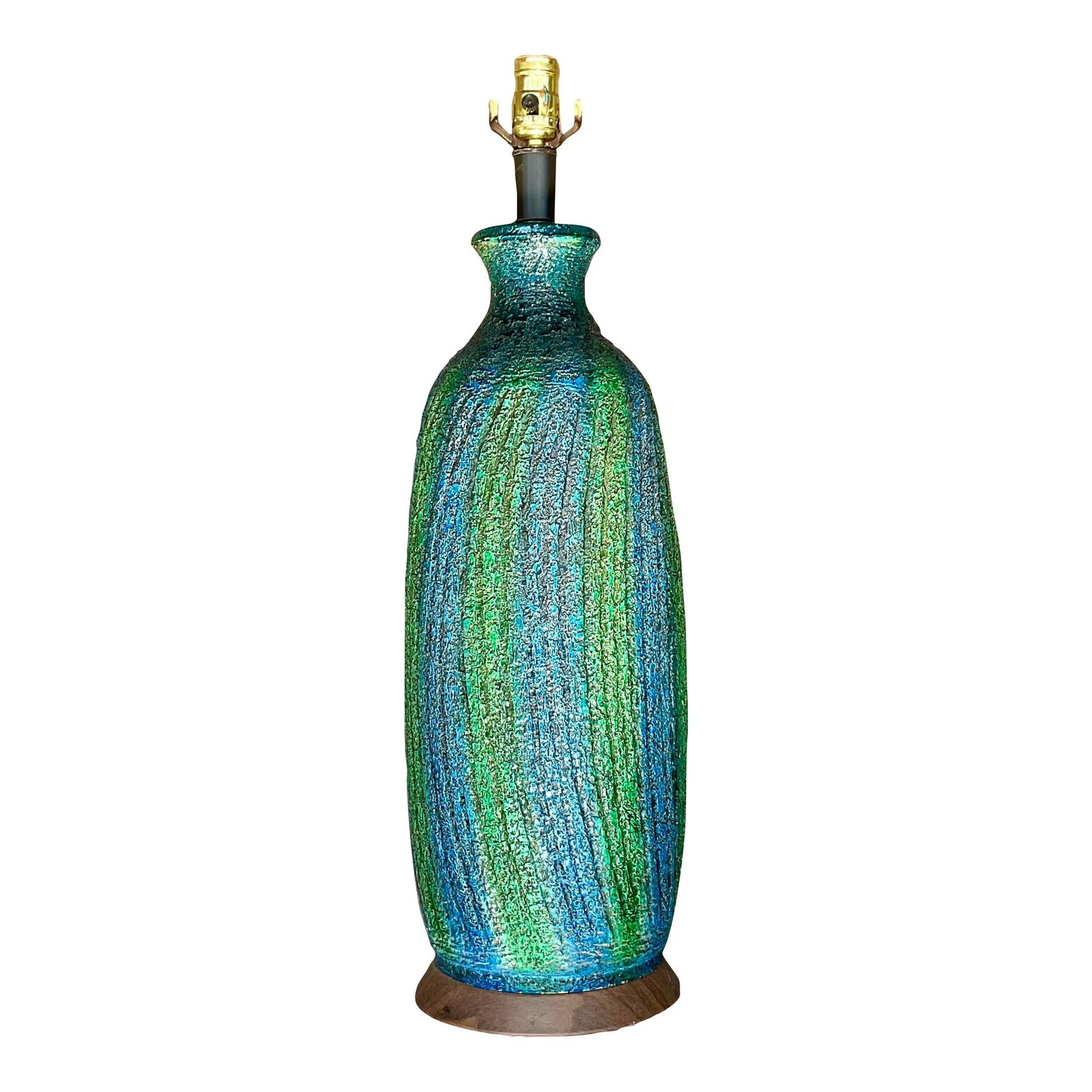 Vintage Midcentury Cerulean Pottery Stripe Table Lamp: Vintage Midcentury Cerulean Pottery Stripe Table Lamp Illuminate your space with this stunning vintage midcentury table lamp, featuring a unique lava textured finish in a stylish stripe design. This e