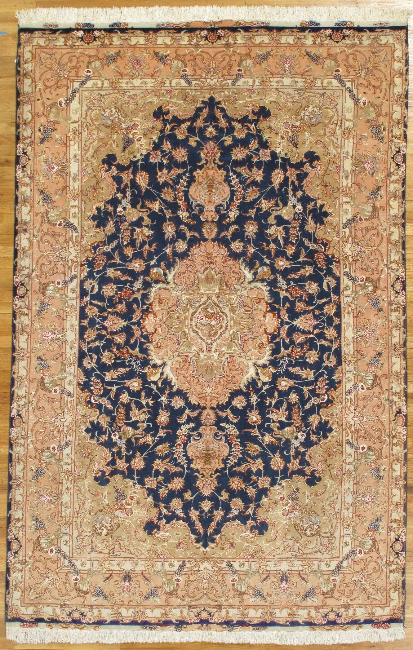 Persian Tabriz Rug 6.7 x 10.3 Royal Blue Peach Wool Silk 400 Kpsi Silk Foundation: Persian Tabriz Rug 6.7 x 10.3 Royal Blue Peach Wool Silk 400 Kpsi Silk Foundation Free continental US Shipping This high-quality Persian Tabriz rug is hand-knotted by master artisans, featuring a soph