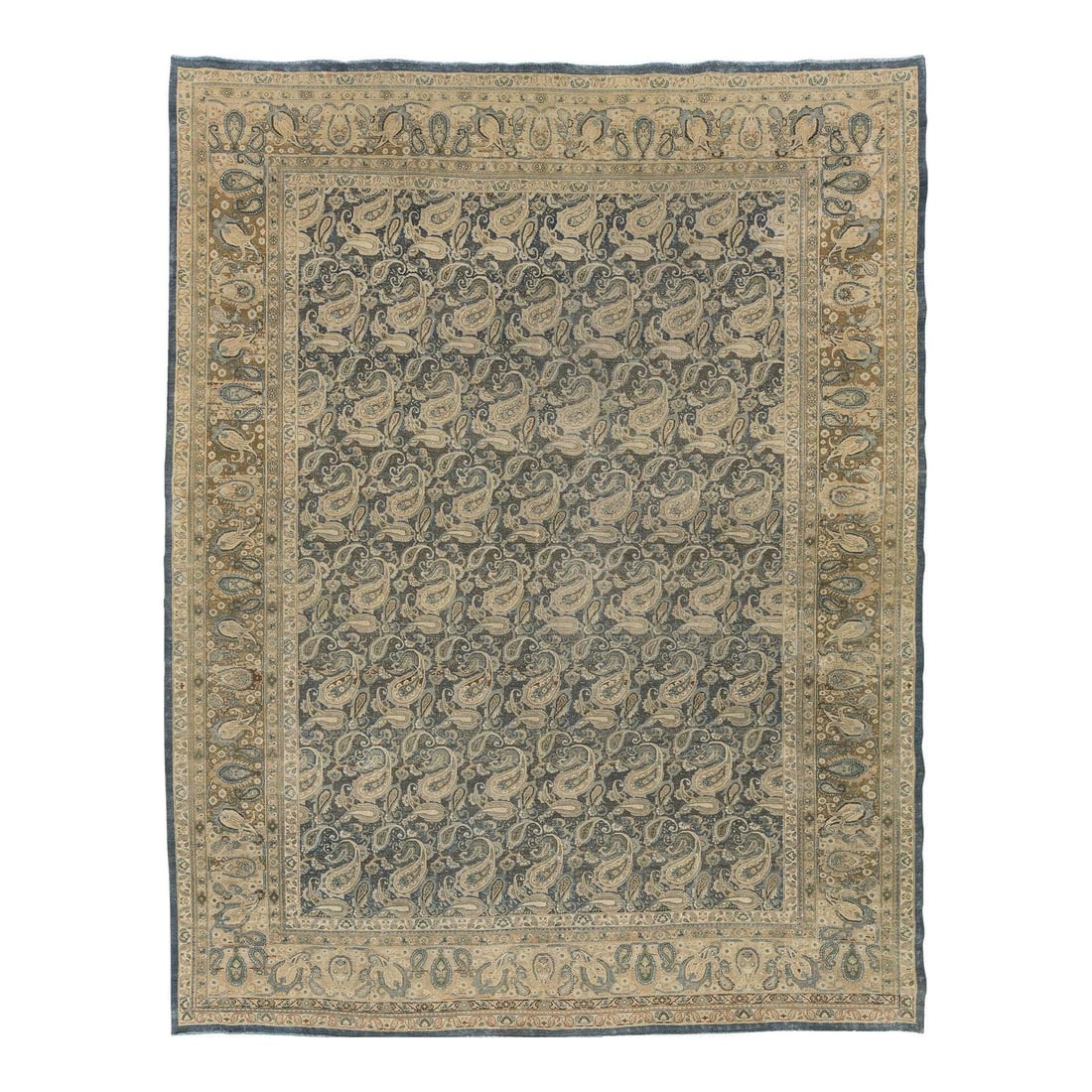 9'9 x 12'6 Early 1900s Tabriz Wool Rug With Blue Paisley Motif: 9'9 x 12'6 Early 1900s Tabriz Wool Rug With Blue Paisley Motif This antique Persian Tabriz rug from the early 20th century features a finely woven allover paisley (boteh) design on a deep midnight blu