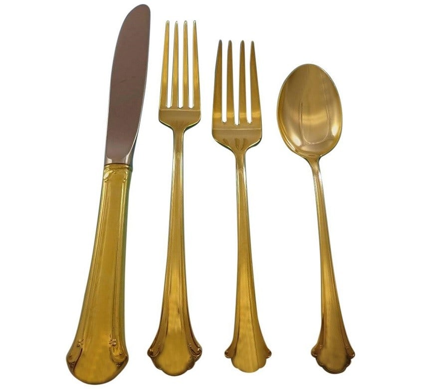 Towle Chippendale Gold Vermeil 24-Piece Sterling Silver Flatware Set: Towle Chippendale Gold Vermeil 24-Piece Sterling Silver Flatware Set Enhance your dining experience with this exquisite Chippendale Gold flatware service set by Towle, crafted from sterling silver. Th