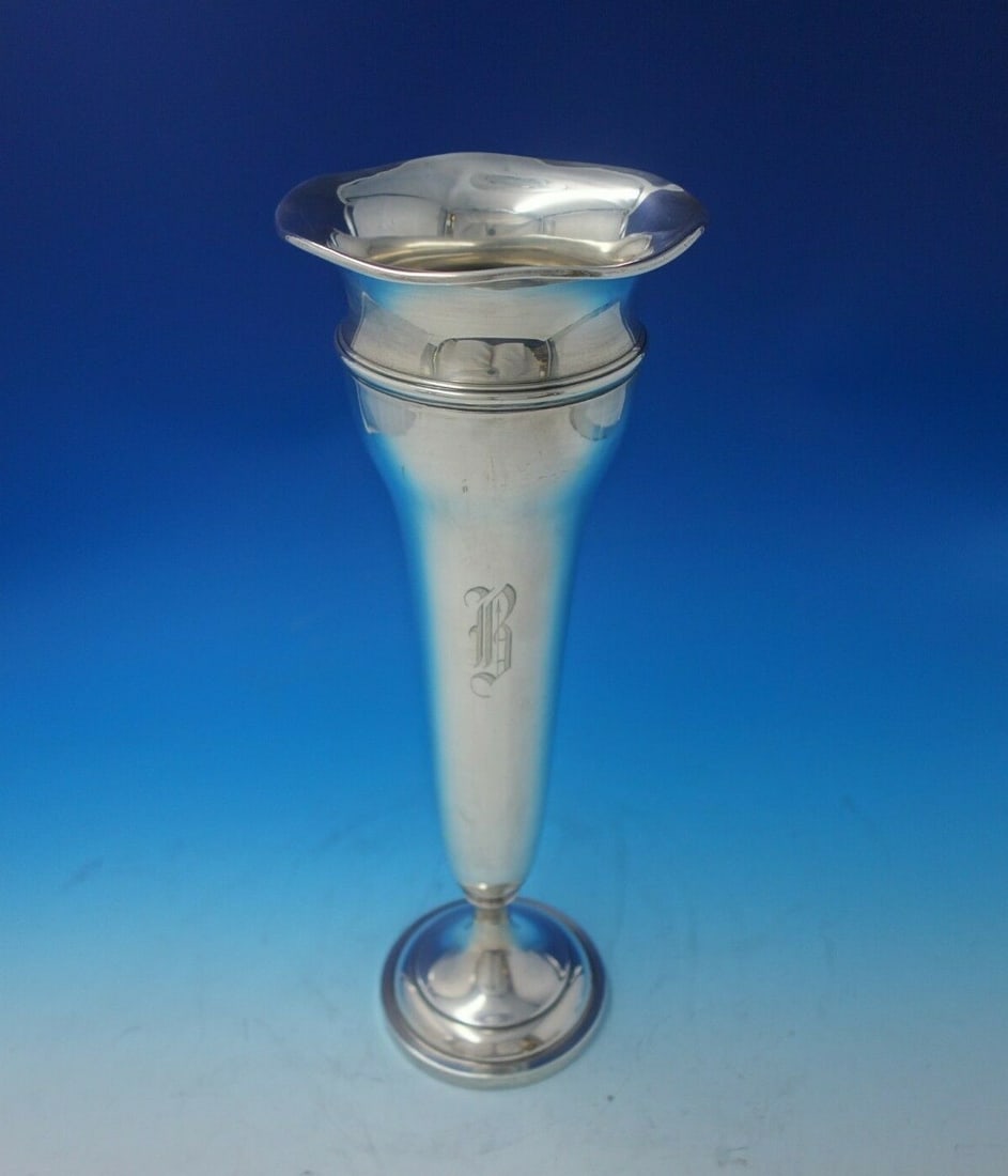 Watson Colonial Sterling Silver Vase 16 inches Monogrammed Weighted: Watson Colonial Sterling Silver Vase 16 inches Monogrammed Weighted Elevate your decor with this exquisite Colonial by Watson Sterling Silver Vase. Standing at 16 inches tall and measuring 4 1/2 inche