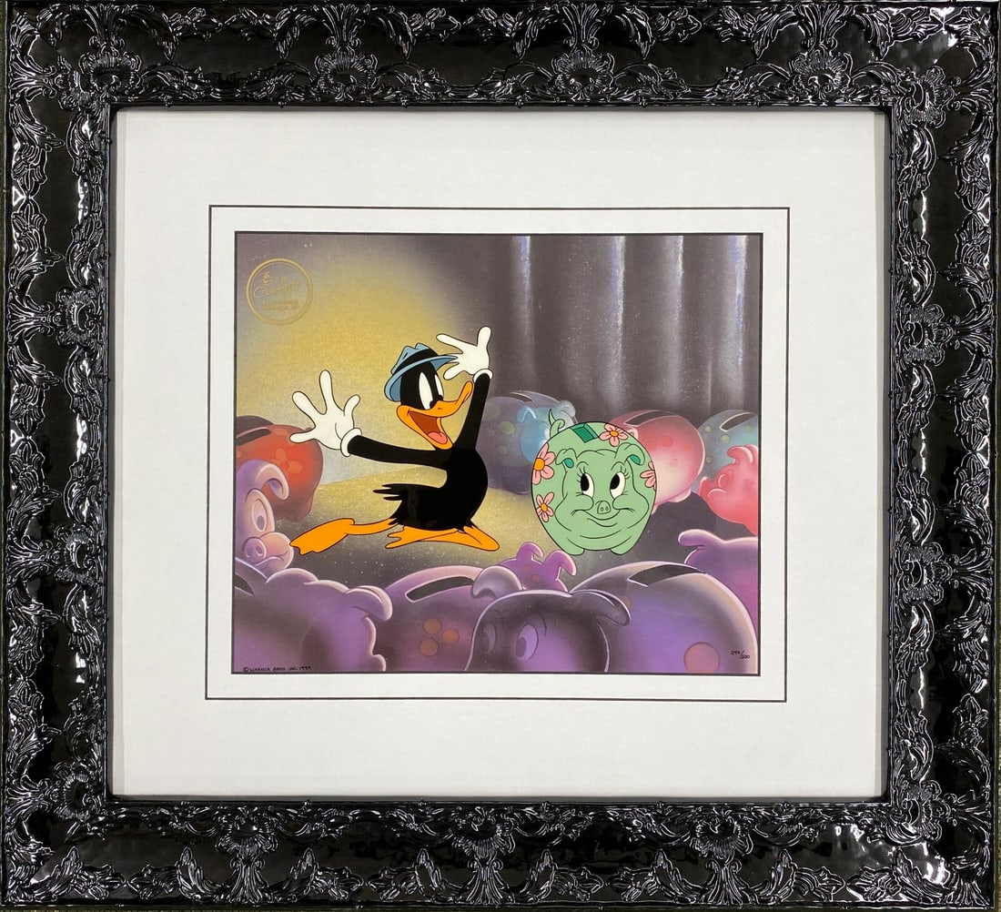 Bob Clampett Limited Edition Hand Painted Cel Daffy Finds His Piggy Bank Framed Art: Bob Clampett Limited Edition Hand Painted Cel Daffy Finds His Piggy Bank Framed Art This exquisite hand-painted cel titled 'Daffy Finds His Piggy Bank' features the beloved character Daffy Duck, illus