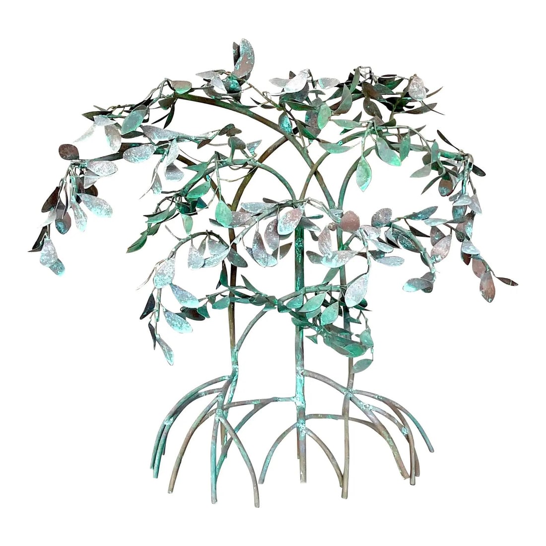 Patinated Metal Wall Art Mangrove Tree Vintage Bohemian Decor: Patinated Metal Wall Art Mangrove Tree Vintage Bohemian Decor This vintage boho wall sculpture features a mangrove tree crafted from patinated metal, with intricately detailed branches and leaves in g