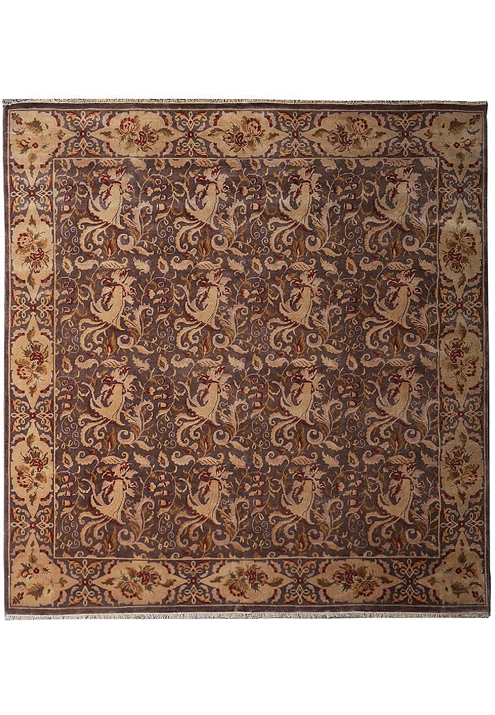8.1 x 8.4 Handmade French Transitional Wool Rug Mauve Brown Gray: 8.1 x 8.4 Handmade French Transitional Wool Rug Mauve Brown Gray Free continental US Shipping This 8.1 x 8.4 square French transitional handmade rug features a harmonious blend of classic French motif