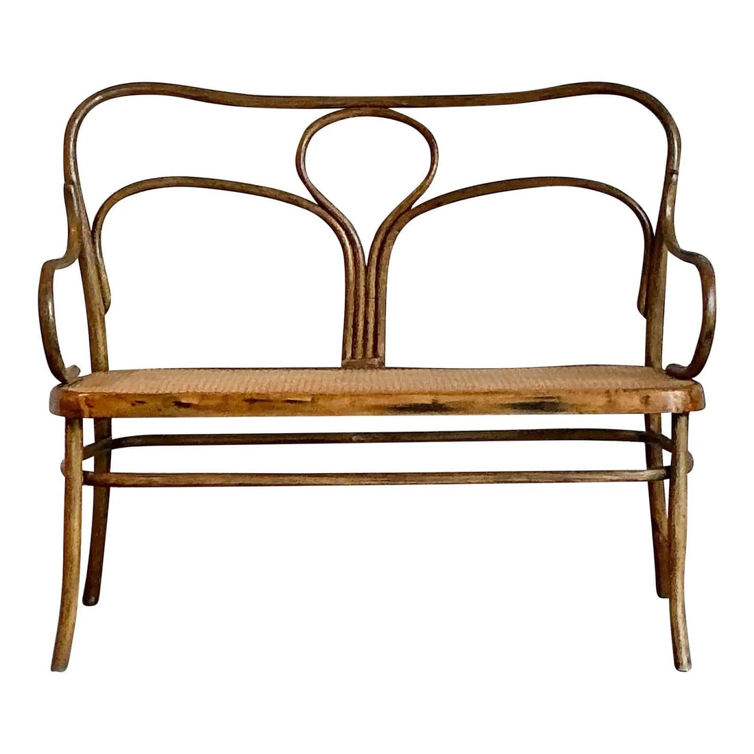 Vintage Mid-Century Modern Bentwood Settee Inspired by Thonet: Vintage Mid-Century Modern Bentwood Settee Inspired by Thonet Embrace the timeless charm of a Viennese cafe with this exquisite vintage bentwood bench, inspired by the iconic designs of Michael Thonet