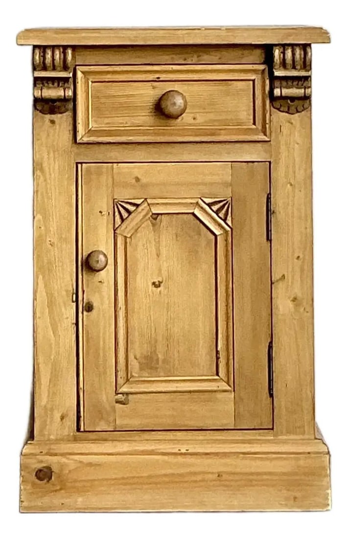 Rustic Knotty Pine Nightstand With Carved Corbels And Panel Door: Rustic Knotty Pine Nightstand With Carved Corbels And Panel Door This vintage nightstand features a blend of rustic and traditional English country design, crafted entirely from knotty pine. It includ