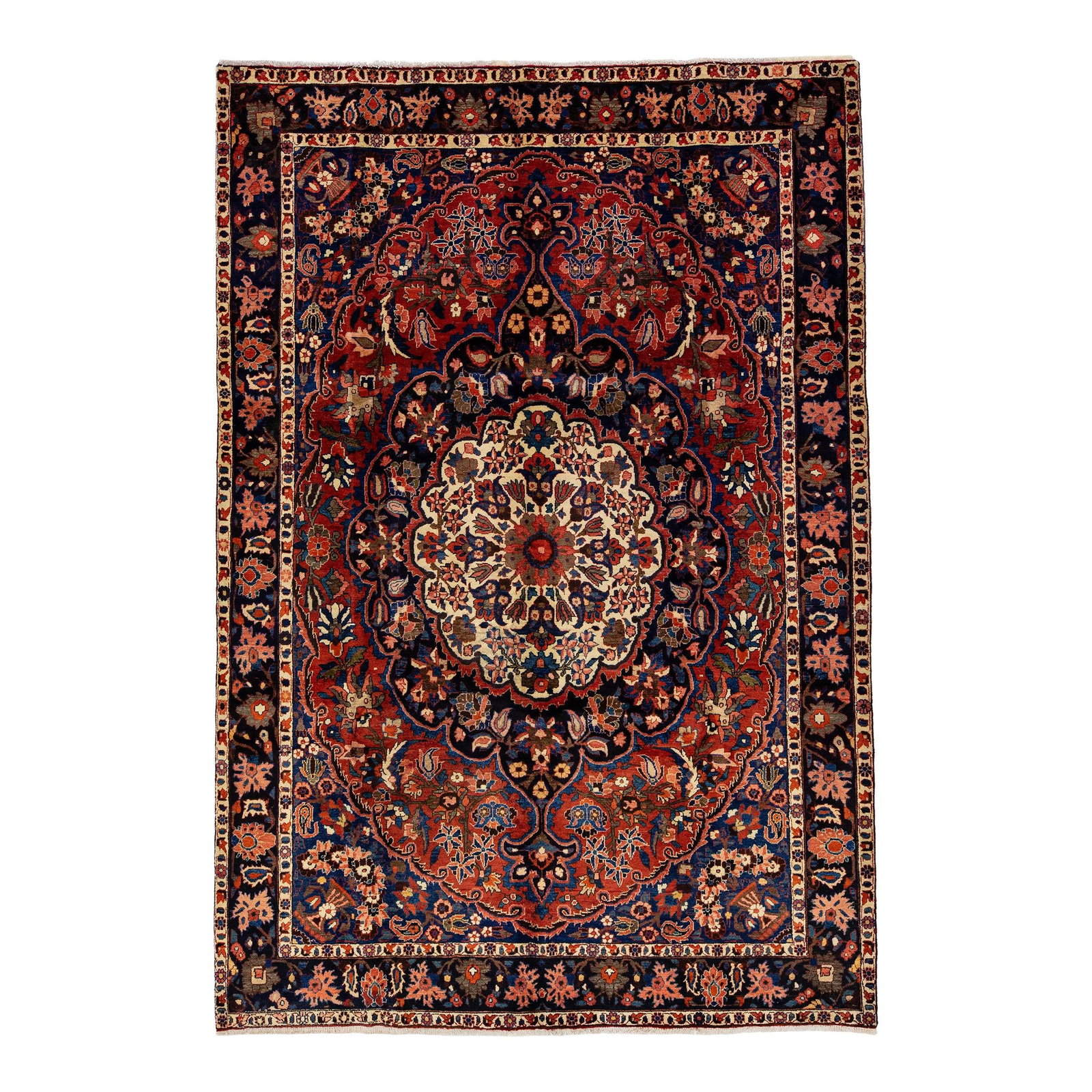 Vintage Persian Bakhtiari Red Medallion Wool Rug 6'11 x 10'3: Vintage Persian Bakhtiari Red Medallion Wool Rug 6'11 x 10'3 Discover the exquisite craftsmanship of this vintage Persian Bakhtiari rug, hand-knotted from high-quality wool. Featuring a striking red c
