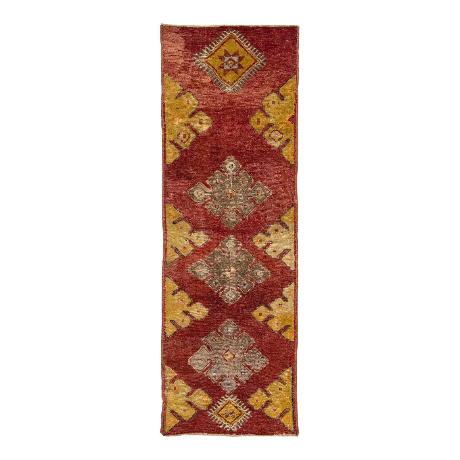 1940s Vintage Turkish Wool Runner Red Tribal Design 2'4 x 6'11: 1940s Vintage Turkish Wool Runner Red Tribal Design 2'4 x 6'11 This exquisite vintage Turkish runner from the 1940s showcases a vibrant red field adorned with a striking tribal geometric design, enhan