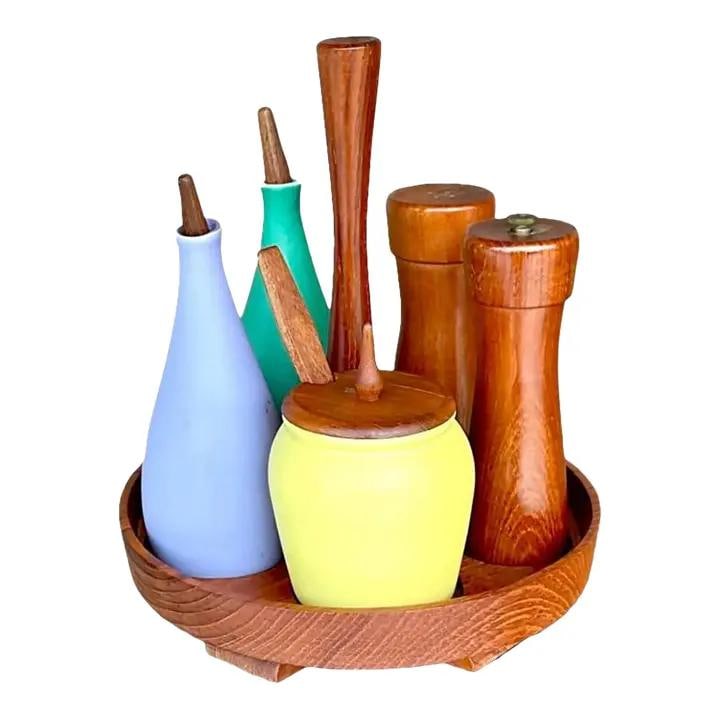 7-Piece Arni Form Teak and Ceramic Condiment Set on Rotating Tray (1 of 8)