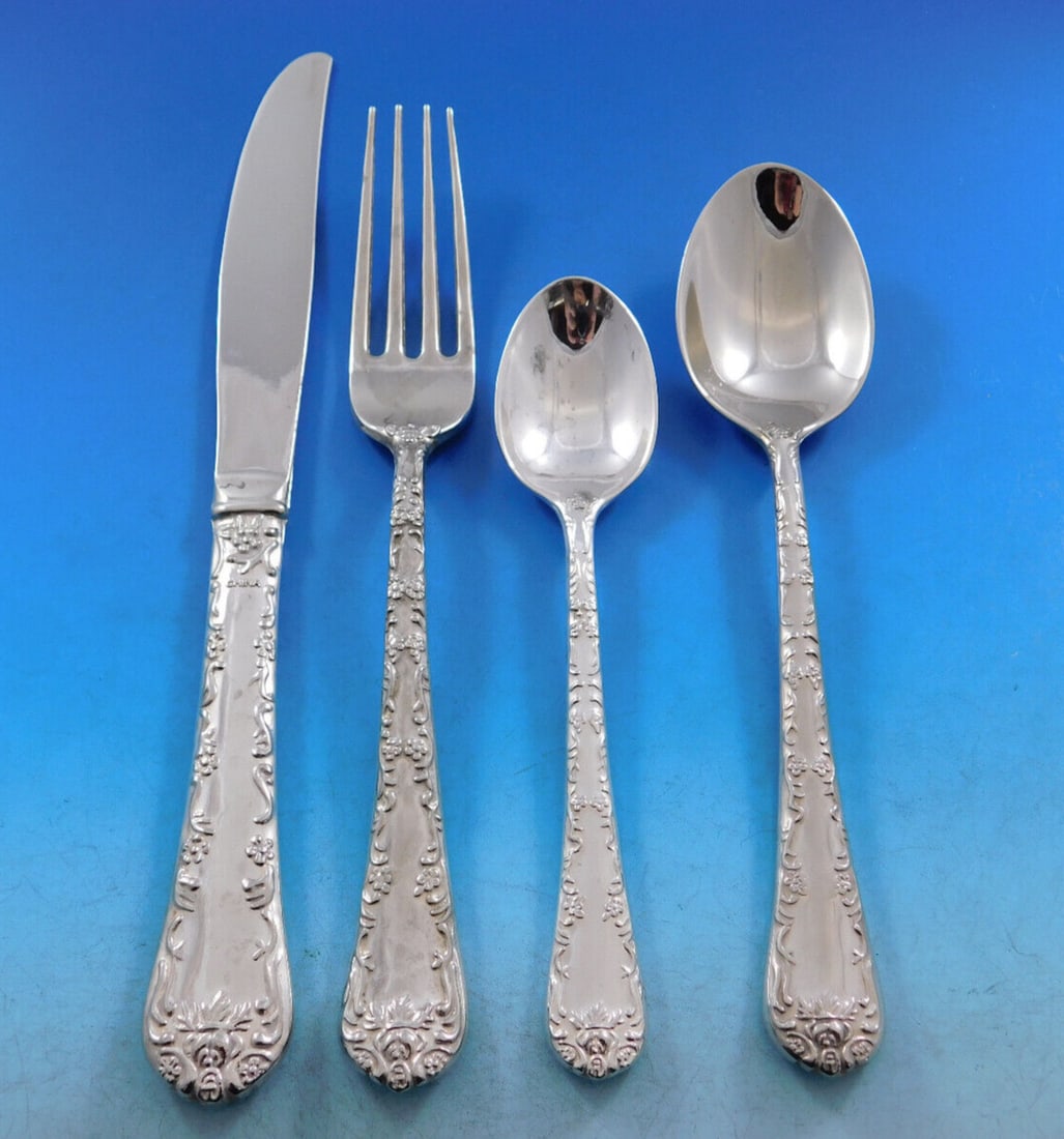 Vintage Floral Silverplate Flatware Set 41 Pieces with Wooden Caddy: Vintage Floral Silverplate Flatware Set 41 Pieces with Wooden Caddy Enhance your dining experience with this exquisite vintage floral silverplate flatware set. This heavy-duty service set, crafted in 
