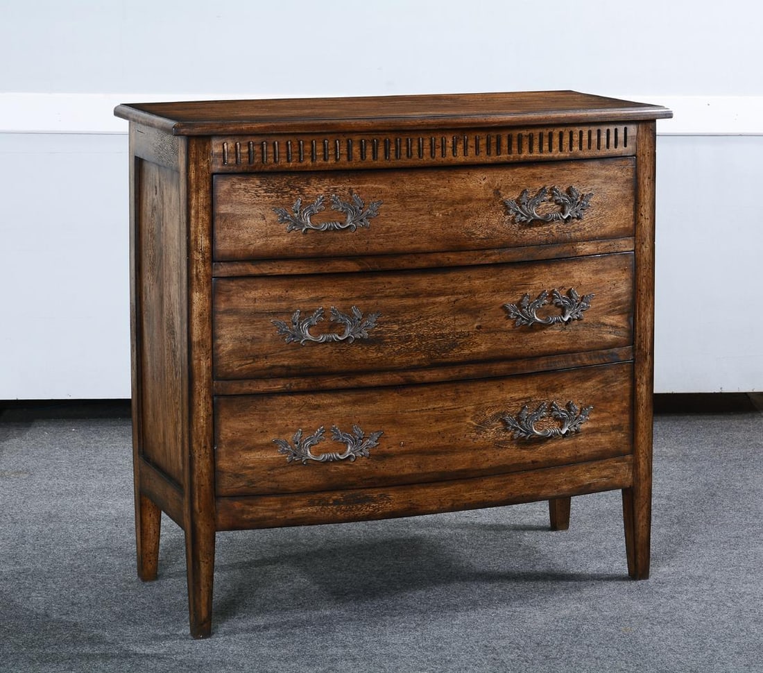 British Colonial Bowfront Chest Solid Wood Rustic Pecan Finish: British Colonial Bowfront Chest Solid Wood Rustic Pecan Finish Introducing an Elegant Colonial Style Bowfront Chest, meticulously crafted to enhance your home decor. This chest features a charming rus