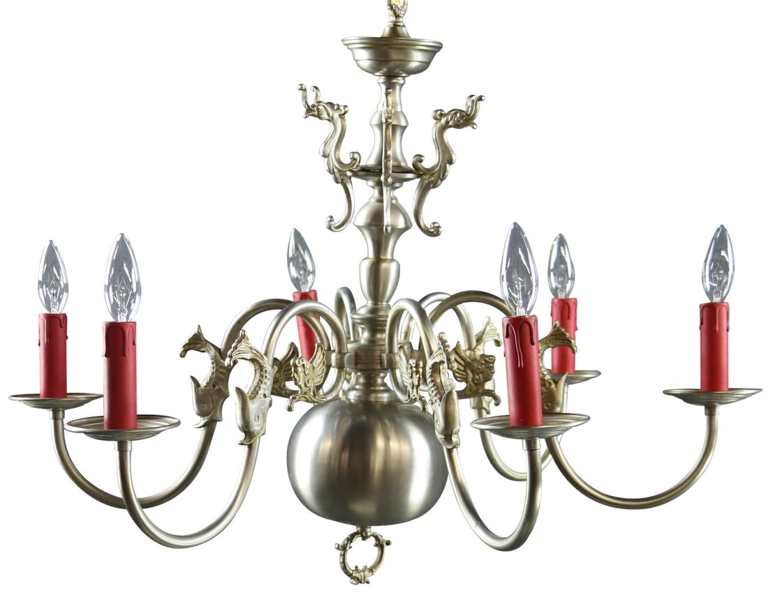 Vintage Flemish 6-Light Chandelier with Angels and Fish: Vintage Flemish 6-Light Chandelier with Angels and Fish This exquisite Flemish chandelier showcases a unique design featuring fish and angels, embodying the charm of its 1950 vintage style. With a hei