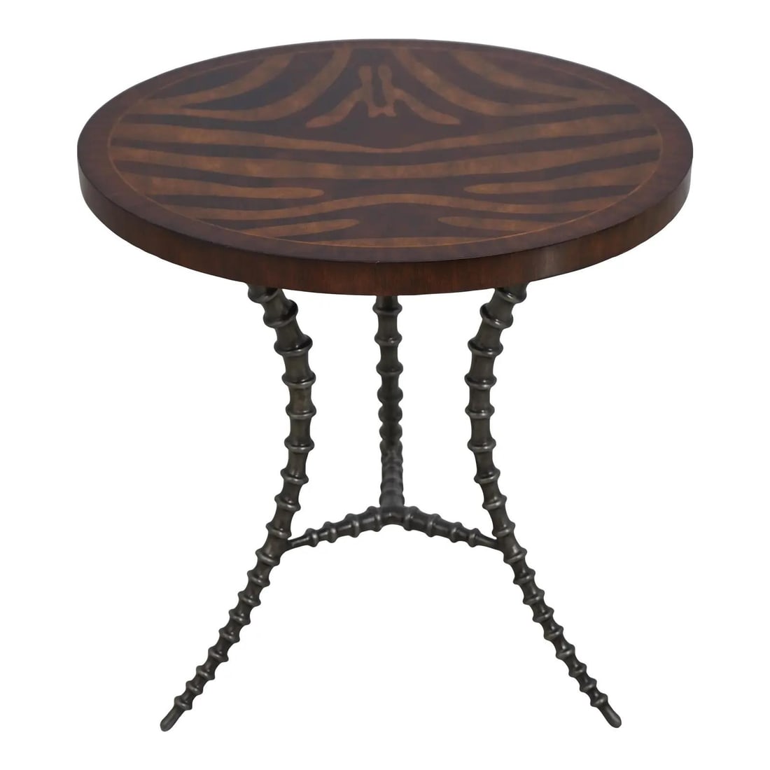 Maitland Smith Round Table with Striped Inlaid Top and Metal Base: Maitland Smith Round Table with Striped Inlaid Top and Metal Base This Maitland Smith Round Metal Horn Leg Table features a stunning contrasting top with fine carved details, showcasing high-quality c