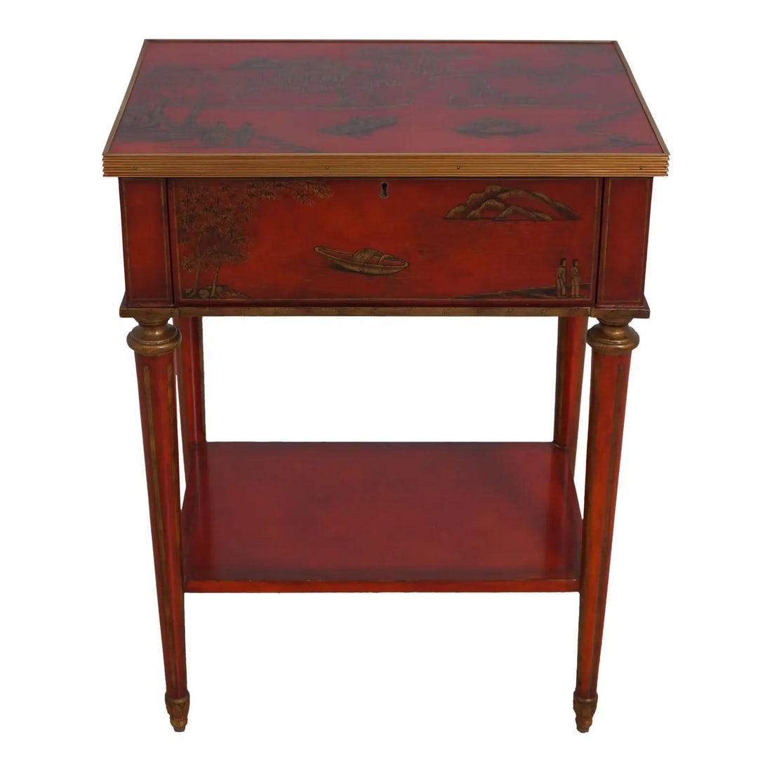 Maitland Smith Chinoiserie Red Gold End Table with Brass Details: Maitland Smith Chinoiserie Red Gold End Table with Brass Details This exquisite Maitland Smith end table showcases a stunning Chinoiserie paint decoration in rich red and gold. Crafted with quality co