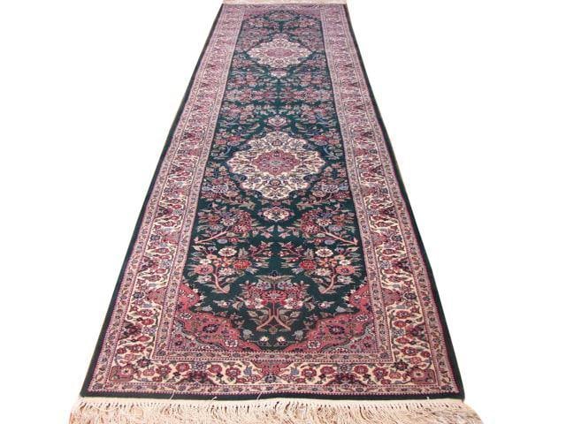 Exquisite 2.6 x 12 Handmade Pine Green Wool Silk Runner: Exquisite 2.6 x 12 Handmade Pine Green Wool Silk Runner Free continental US Shipping Enhance your home with this exquisite Pine Green Wool and Silk Runner, measuring 2' 6" x 12'. Handcrafted with prec