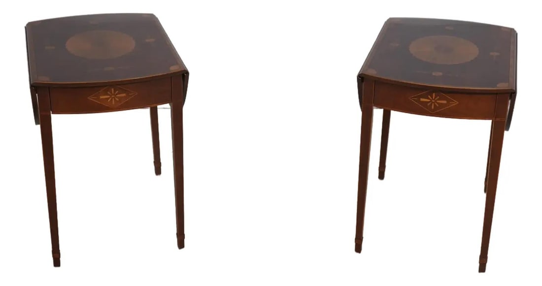 Pair of Baker George III Mahogany Pembroke Drop Side Tables: Pair of Baker George III Mahogany Pembroke Drop Side Tables This elegant pair of Baker George III Mahogany Pembroke drop side tables showcases classic English design with exquisite craftsmanship. Cons