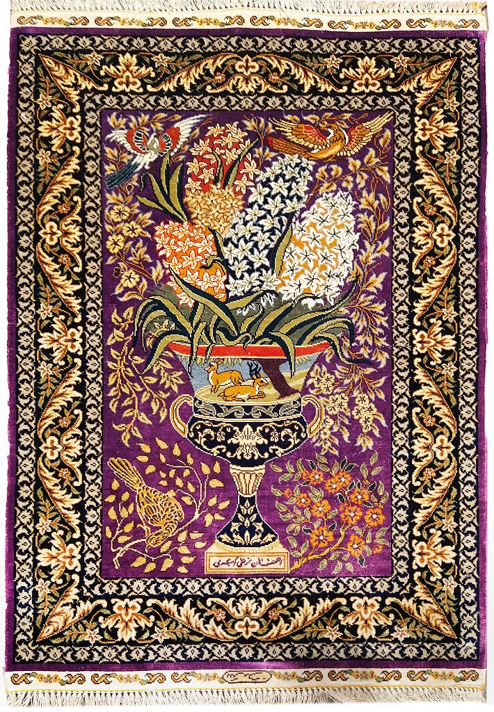 2' x 3' Handmade Silk Floral Vase Rug in Purple: 2' x 3' Handmade Silk Floral Vase Rug in Purple Free continental US Shipping Introducing the stunning 2' x 3' Silk Rug featuring a captivating Floral Vase motif. This handwoven rug boasts a vibrant pu