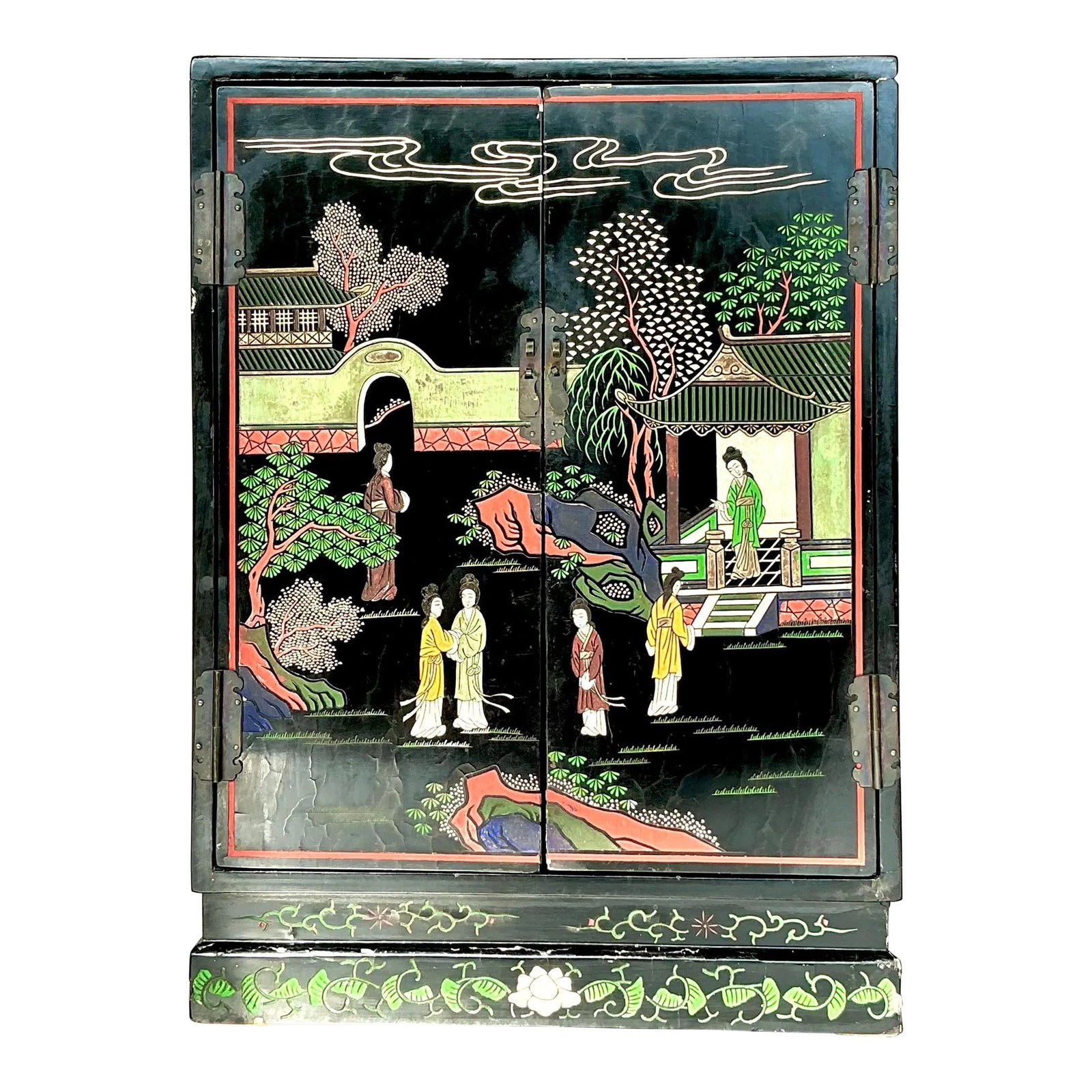 Vintage Asian Chinoiserie Lacquer Cabinet with Hand-Painted Details: Vintage Asian Chinoiserie Lacquer Cabinet with Hand-Painted Details Transform your living space with this exquisite vintage Asian Chinoiserie cabinet. This cabinet showcases intricate hand-painted des