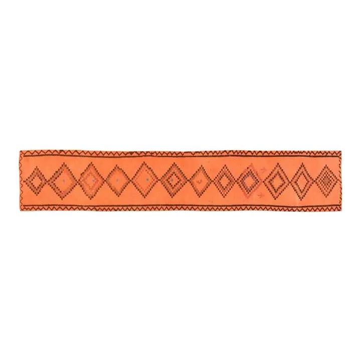 2'7" x 14'2" Wool Runner Rug Hand Knotted Turkish Anatolian: 2'7" x 14'2" Wool Runner Rug Hand Knotted Turkish Anatolian This vintage Turkish Anatolian runner rug features a hand-knotted wool construction with natural colors and an orange hue. Its elongated des