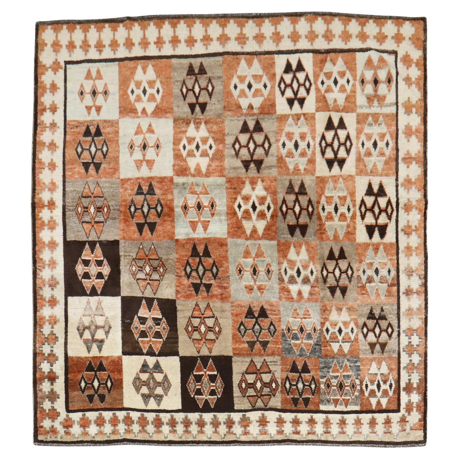 Zabihi Collection Vintage Persian Gabbeh Rug 79 x 84 Hand-Knotted Wool: Zabihi Collection Vintage Persian Gabbeh Rug 79 x 84 Hand-Knotted Wool Discover the exquisite Zabihi Collection Geometric Vintage Persian Square Gabbeh Rug, an exceptional piece that adds a touch of t