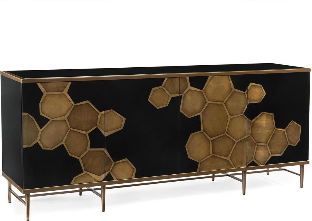 John-Richard Black Gold Honeycomb Credenza Glass Buffet 35H 84W 20.25D: John-Richard Black Gold Honeycomb Credenza Glass Buffet 35H 84W 20.25D Introducing the Elegant Black and Gold Honeycomb Credenza, a stunning addition to your home decor. This beautiful piece features 