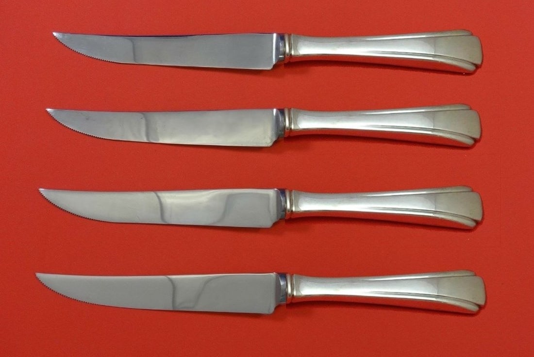 Richard Dimes Debutante Sterling Silver Steak Knife Set 4pc Custom Made: Richard Dimes Debutante Sterling Silver Steak Knife Set 4pc Custom Made This exquisite 4-piece steak knife set features the elegant Debutante pattern by Richard Dimes. Each knife is crafted with a ste