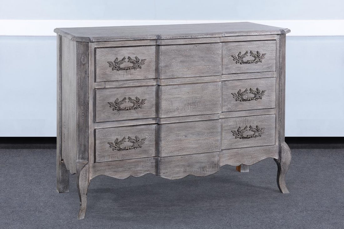 French Serpentine Block Front Chest of Drawers Weathered Gray: French Serpentine Block Front Chest of Drawers Weathered Gray Introducing a stylish French Serpentine Chest of Drawers, designed with an elegant antique or vintage flair. This new item features a weat