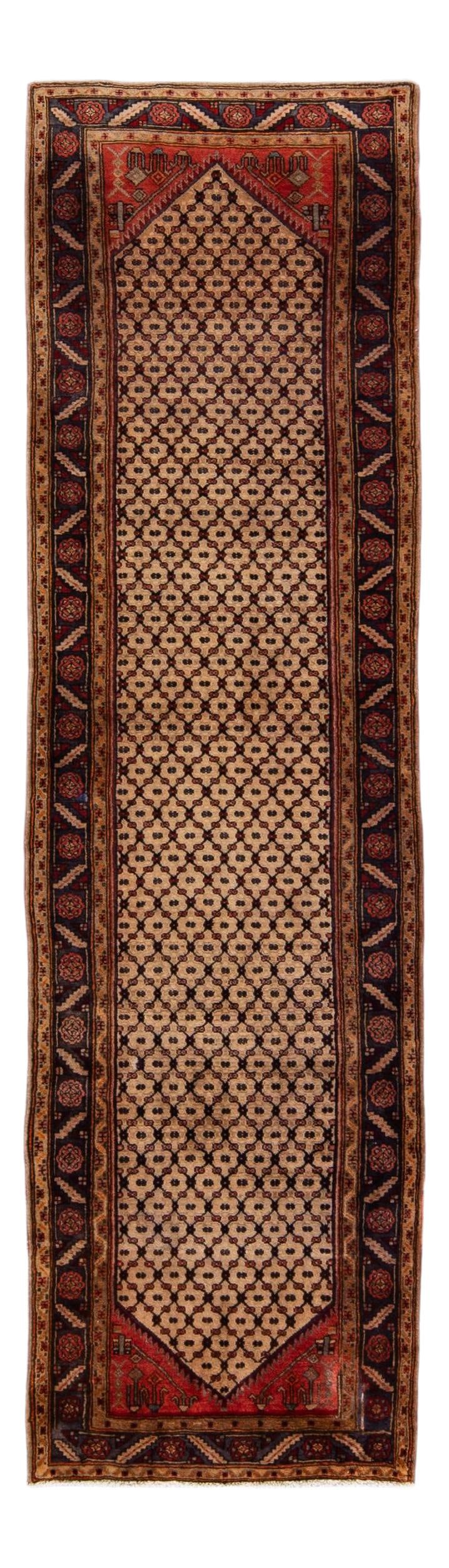 Vintage Malayer Handmade Wool Runner Rug 3'5 x 12'5 Brown: Vintage Malayer Handmade Wool Runner Rug 3'5 x 12'5 Brown This Vintage Malayer Runner Rug showcases exquisite craftsmanship with a hand-knotted wool construction. It features a warm tan field adorned 