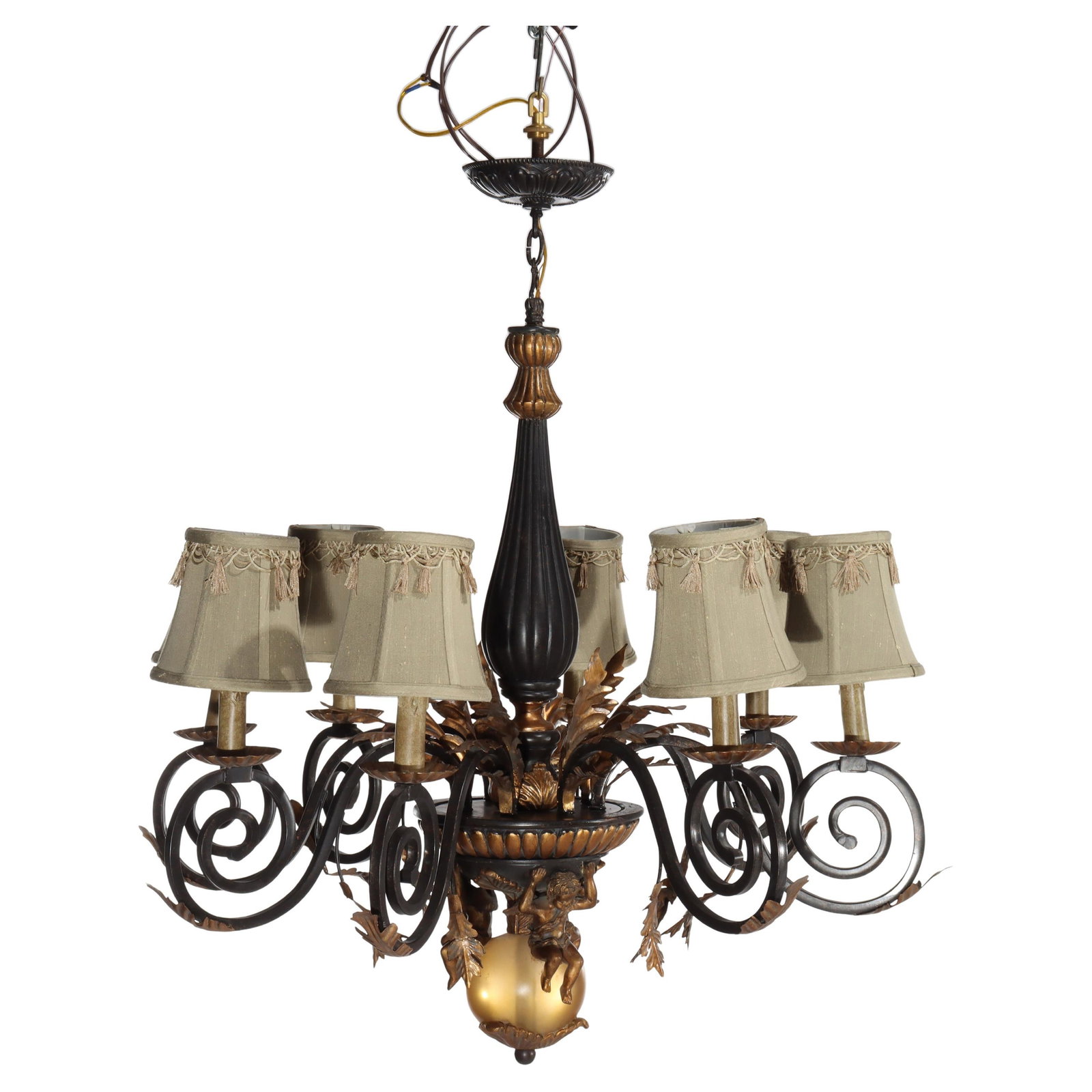 Vintage French Louis XIV Style 8-Light Cherub Chandelier c1940: Vintage French Louis XIV Style 8-Light Cherub Chandelier c1940 This exquisite vintage chandelier showcases the elegance of the French Louis XIV style, featuring a stunning combination of gilt and ebon