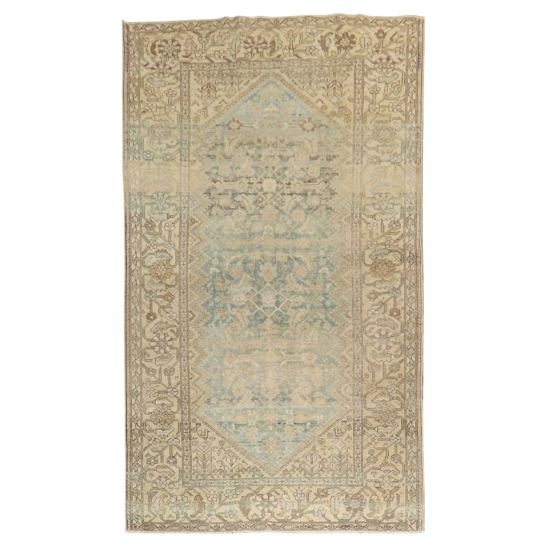 Antique Blue Wool Malayer Rug Early 20th Century Iran 5'3" x 9'6": Antique Blue Wool Malayer Rug Early 20th Century Iran 5'3" x 9'6" This early 20th century Persian Malayer rug features a predominantly light blue color palette with rustic styling. Hand-knotted from w