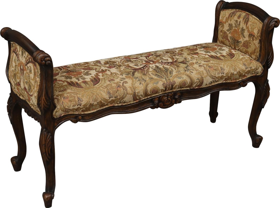 Elegant French Design Gold Chenille Upholstered Window Bench: Elegant French Design Gold Chenille Upholstered Window Bench This chic gold upholstered French design bench is a stunning addition to any space. Featuring a beautifully carved frame with French legs a