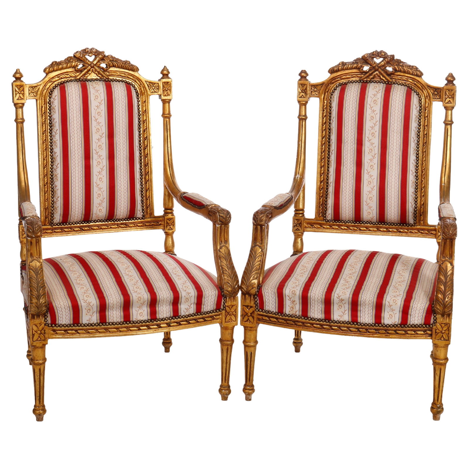 Set of 2 French Louis XVI Giltwood Upholstered Armchairs: Set of 2 French Louis XVI Giltwood Upholstered Armchairs This exquisite pair of French Louis XVI style armchairs embodies the elegance and sophistication of the 20th century. Crafted from intricately 