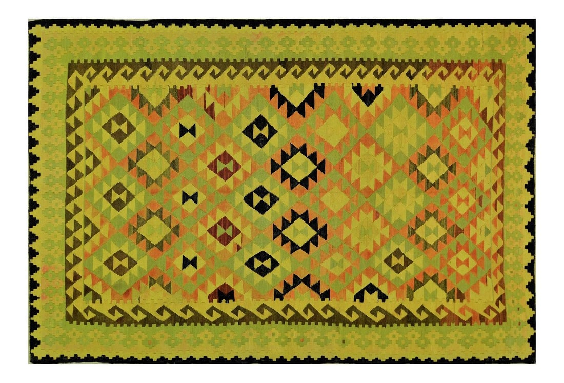 6'9" x 10'2" Wool Kilim Rug Afghan Maimana Geometric Vintage: 6'9" x 10'2" Wool Kilim Rug Afghan Maimana Geometric Vintage This vintage Afghan Maimana kilim is hand woven from wool and features natural colors with a geometric pattern. The flatweave construction 