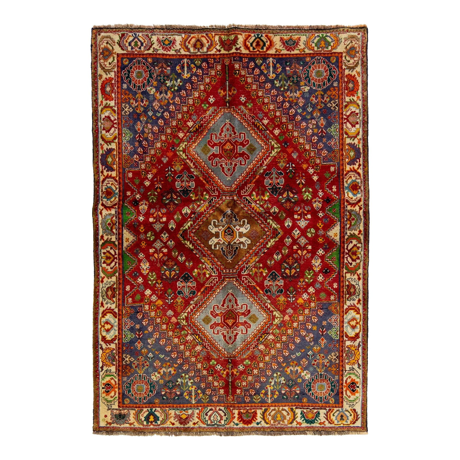 Red Vintage Wool Rug with Geometric Design 3'9'' x 5'5'': Red Vintage Wool Rug with Geometric Design 3'9'' x 5'5'' Enhance your space with this exquisite vintage hand-knotted wool rug featuring a vibrant red field adorned with a multicolor geometric design. 