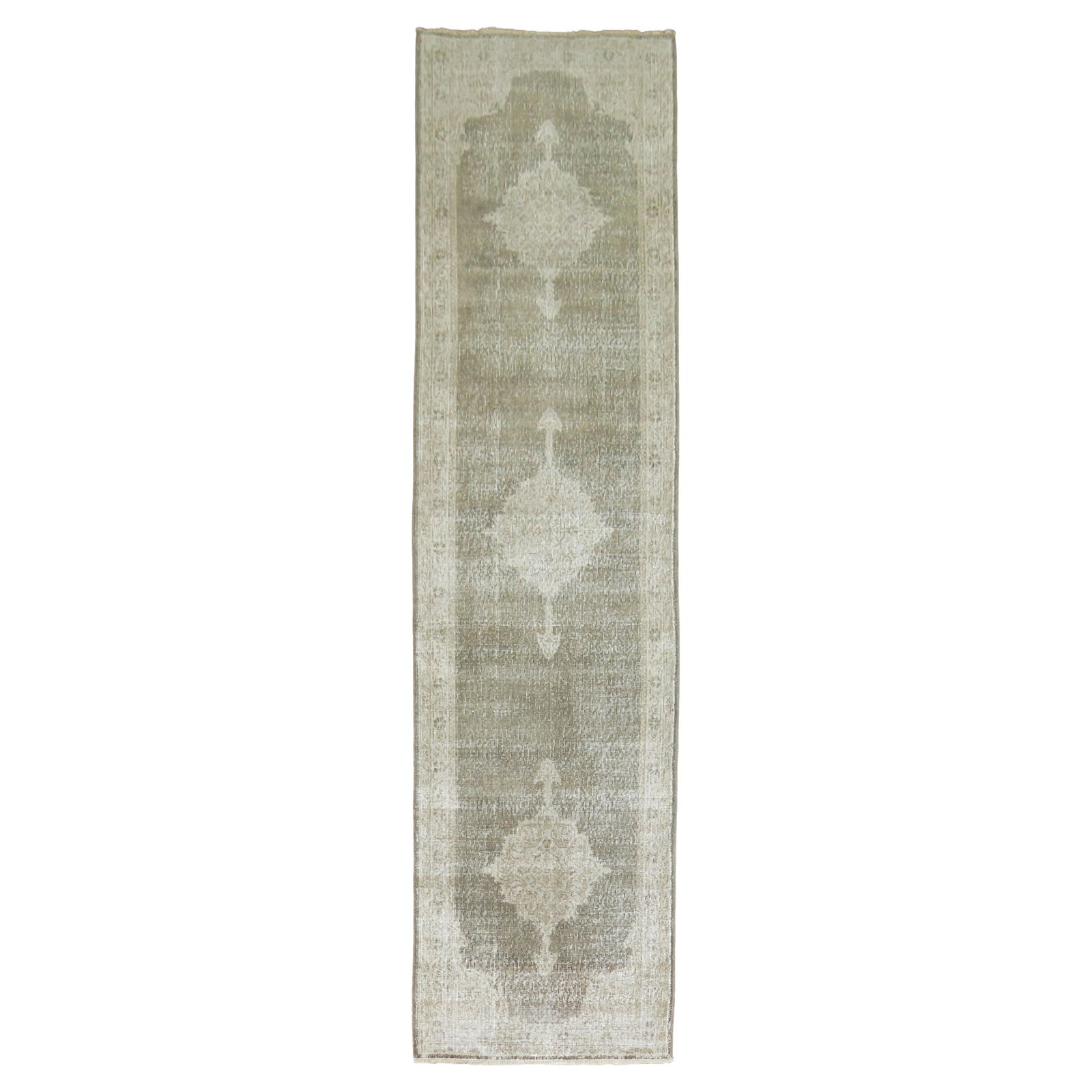 Zabihi Collection Vintage Gray Turkish Runner 32x120 Wool Hand-Knotted: Zabihi Collection Vintage Gray Turkish Runner 32x120 Wool Hand-Knotted This exquisite vintage Turkish runner from the Zabihi Collection showcases a predominantly gray tone, embodying the elegance of M
