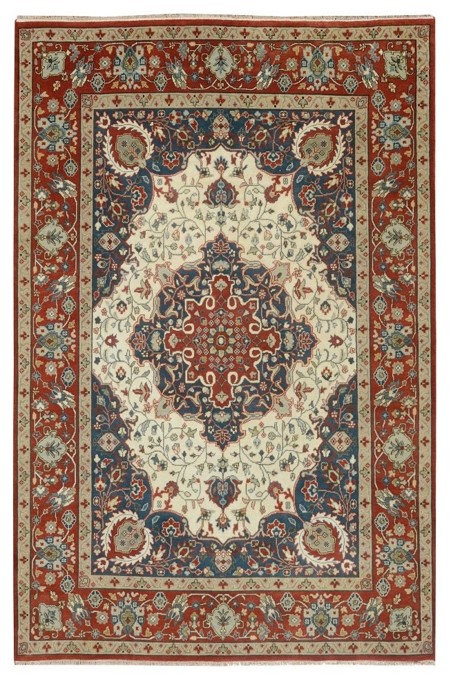 Handwoven 9 x 11.11 Ivory Traditional Serapi Rug from India: Handwoven 9 x 11.11 Ivory Traditional Serapi Rug from India Free continental US Shipping Enhance your living space with the 9 x 11.11 Ivory Traditional Serapi Rug, a stunning blend of artistry and cra