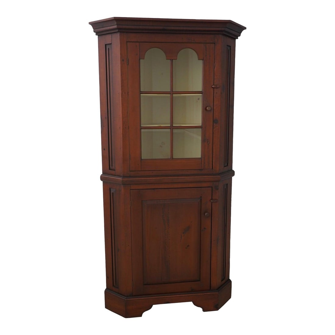 Hand Crafted Pine Country Corner China Cabinet 30 Years Old: Hand Crafted Pine Country Corner China Cabinet 30 Years Old This hand-crafted primitive pine country corner china cabinet showcases a beautiful factory distressed painted finish that adds character to