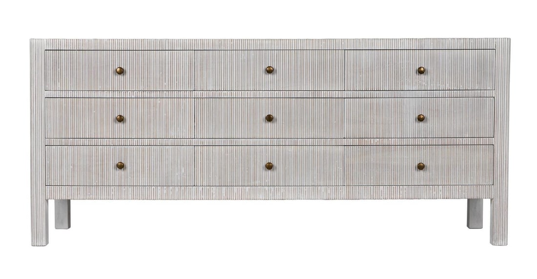 Noir Conrad 9 Drawer Dresser White Wash French Country Style: Noir Conrad 9 Drawer Dresser White Wash French Country Style Introducing the Conrad 9 Drawer Dresser in a charming White Wash finish, expertly crafted by Noir. This elegant piece features a French Cou