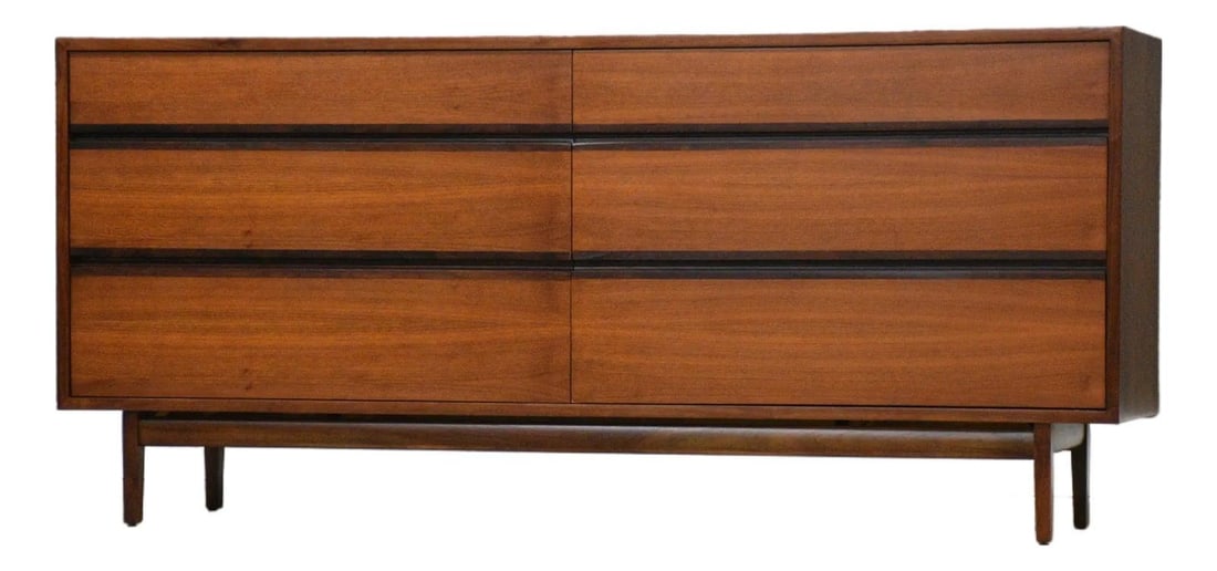 Mid Century Walnut Dresser With Rosewood Accents 66 Inch Wide 1960s: Mid Century Walnut Dresser With Rosewood Accents 66 Inch Wide 1960s This mid-century modern dresser, designed by Kipp Stewart for Directional by Calvin, features a walnut construction with rosewood dr