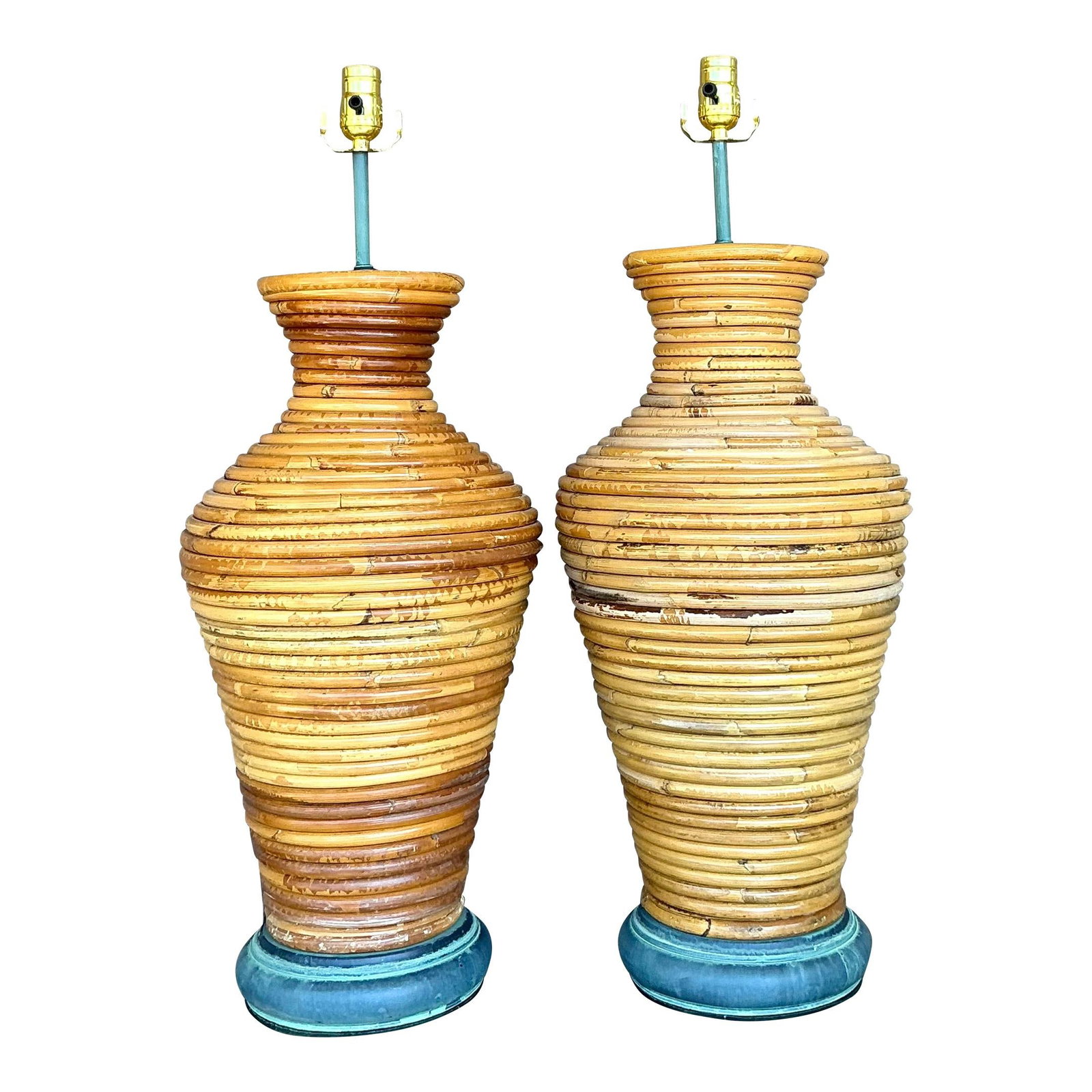 Pair of Vintage Coiled Pencil Reed Lamps with Teal Base: Pair of Vintage Coiled Pencil Reed Lamps with Teal Base Enhance your decor with this exquisite pair of vintage coiled pencil reed lamps. Featuring a gracefully tapered silhouette, these handcrafted la