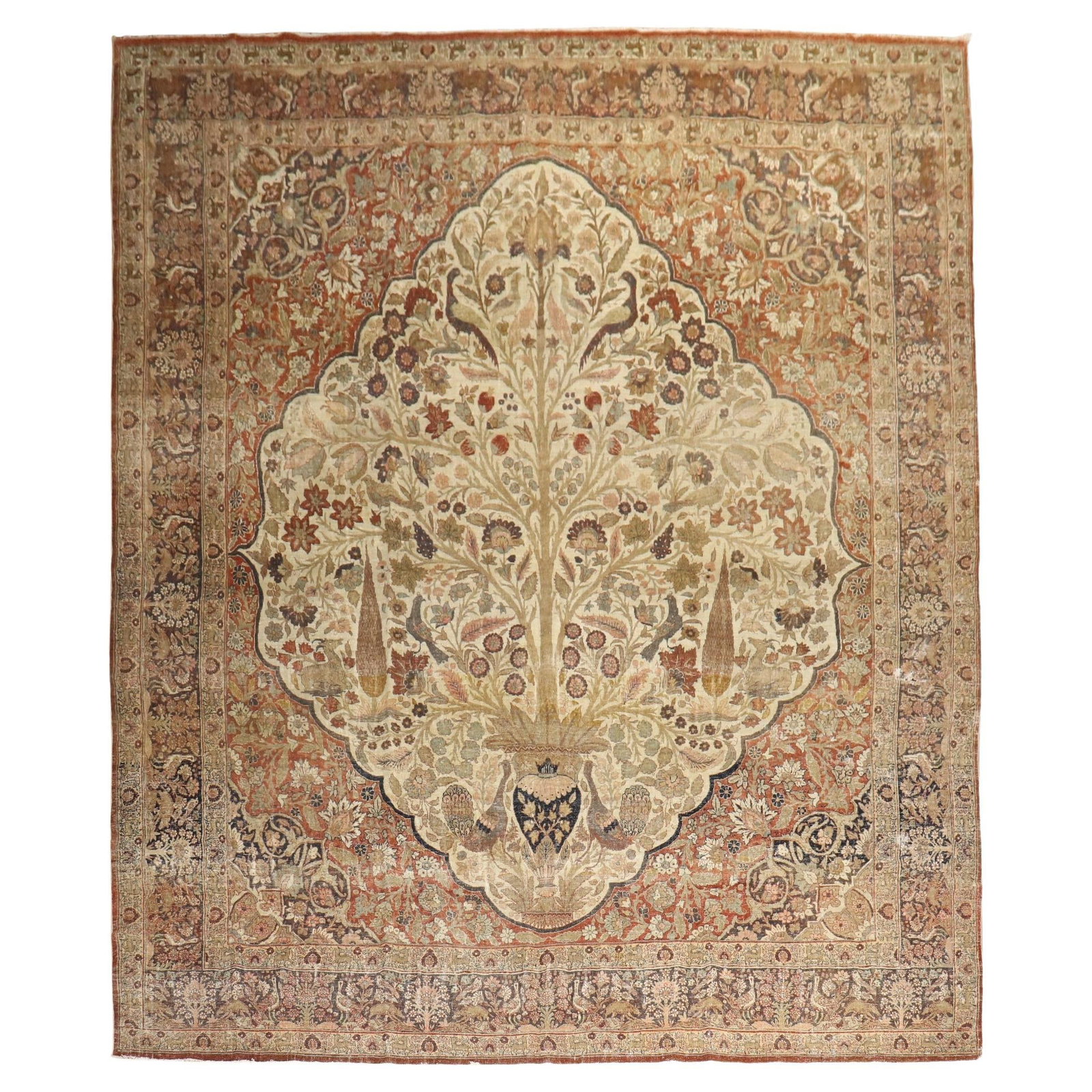 Vintage 19th Century Persian Tabriz Wool Rug Rooster Motif 10'2" x 13'7": Vintage 19th Century Persian Tabriz Wool Rug Rooster Motif 10'2" x 13'7" Discover the exquisite charm of this late 19th Century Antique Persian Tabriz Rug, a stunning piece that showcases a vibrant ro