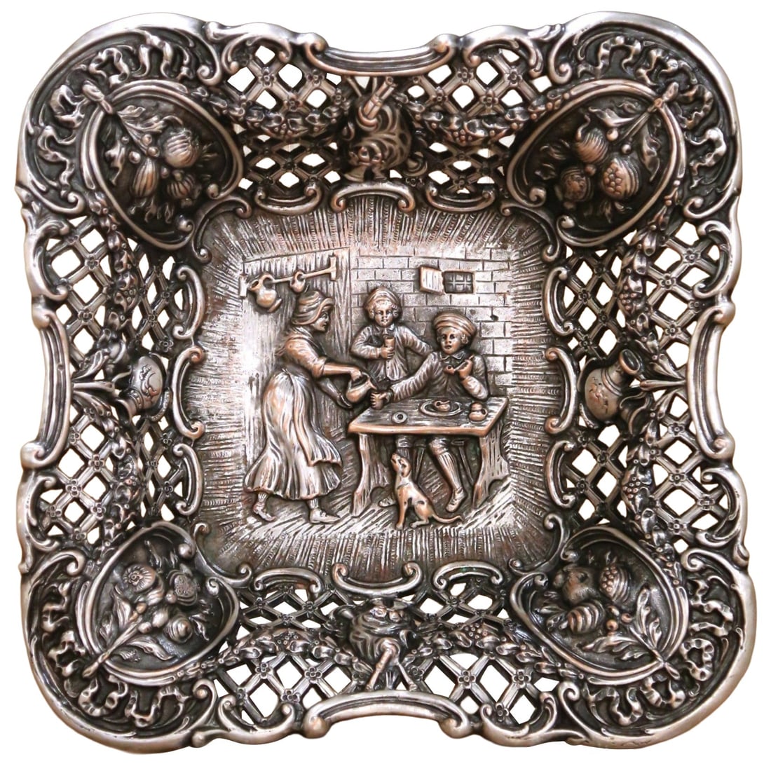 Antique 19th Century Silver Plated Repousse Bowl with Tavern Scene: Antique 19th Century Silver Plated Repousse Bowl with Tavern Scene This exquisite 19th Century silver-plated repousse pierced bowl, crafted circa 1895, showcases exceptional detail and artistry. Made 