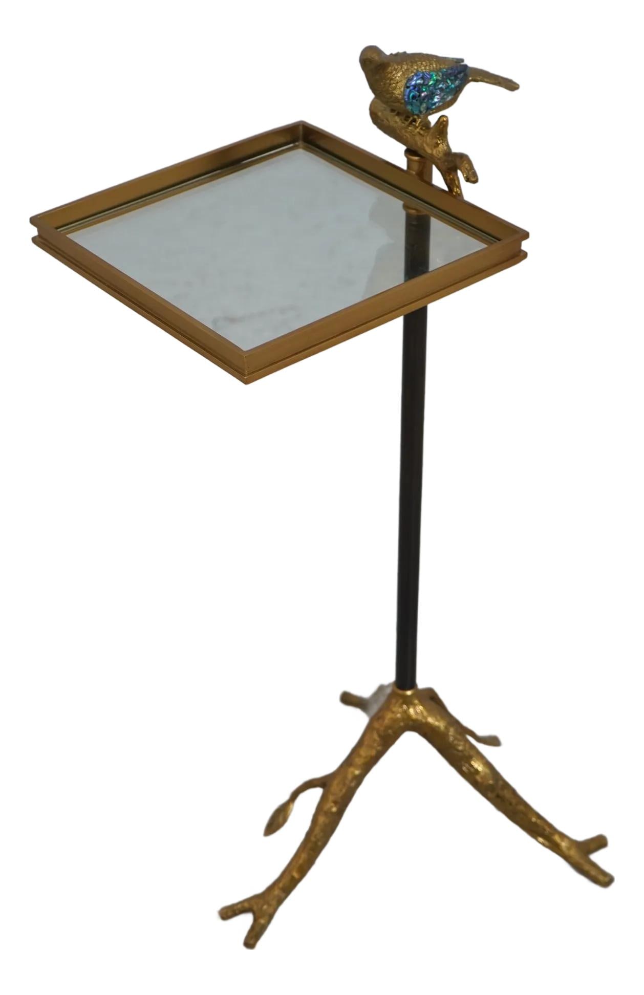 Maitland Smith Tweet Accent Table Model 8164-30 Brass Iron Glass Top Paua Shell Inlay: Maitland Smith Tweet Accent Table Model 8164-30 Brass Iron Glass Top Paua Shell Inlay This exquisite Maitland Smith accent table features a unique design with a decorative brass bird and stunning paua
