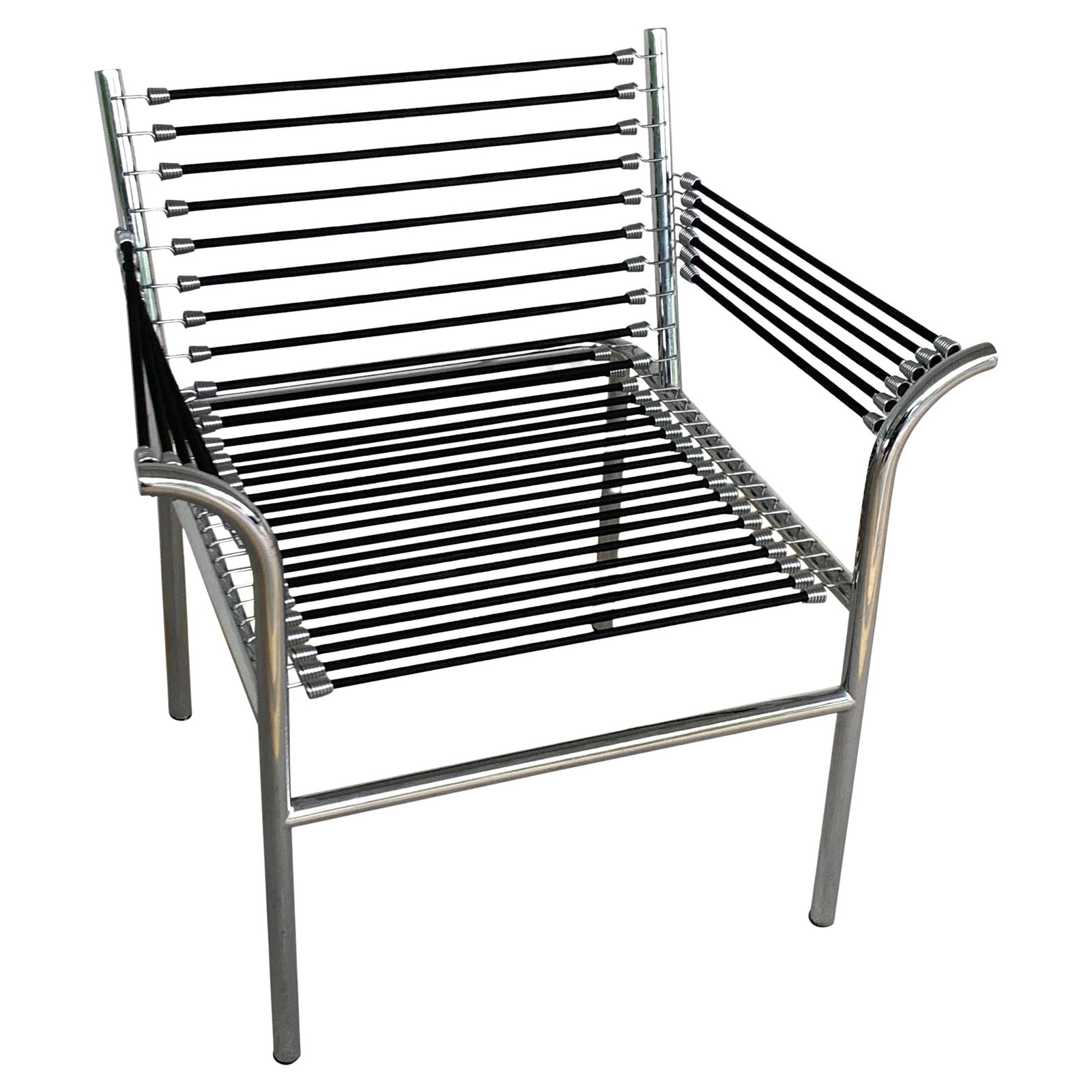 Vintage Modern Bungee Armchair Inspired by Rene Herbst Italy 1990s: Vintage Modern Bungee Armchair Inspired by Rene Herbst Italy 1990s This Modern Bungee Armchair, inspired by the designs of Rene Herbst, features a sleek and contemporary aesthetic, embodying the spiri