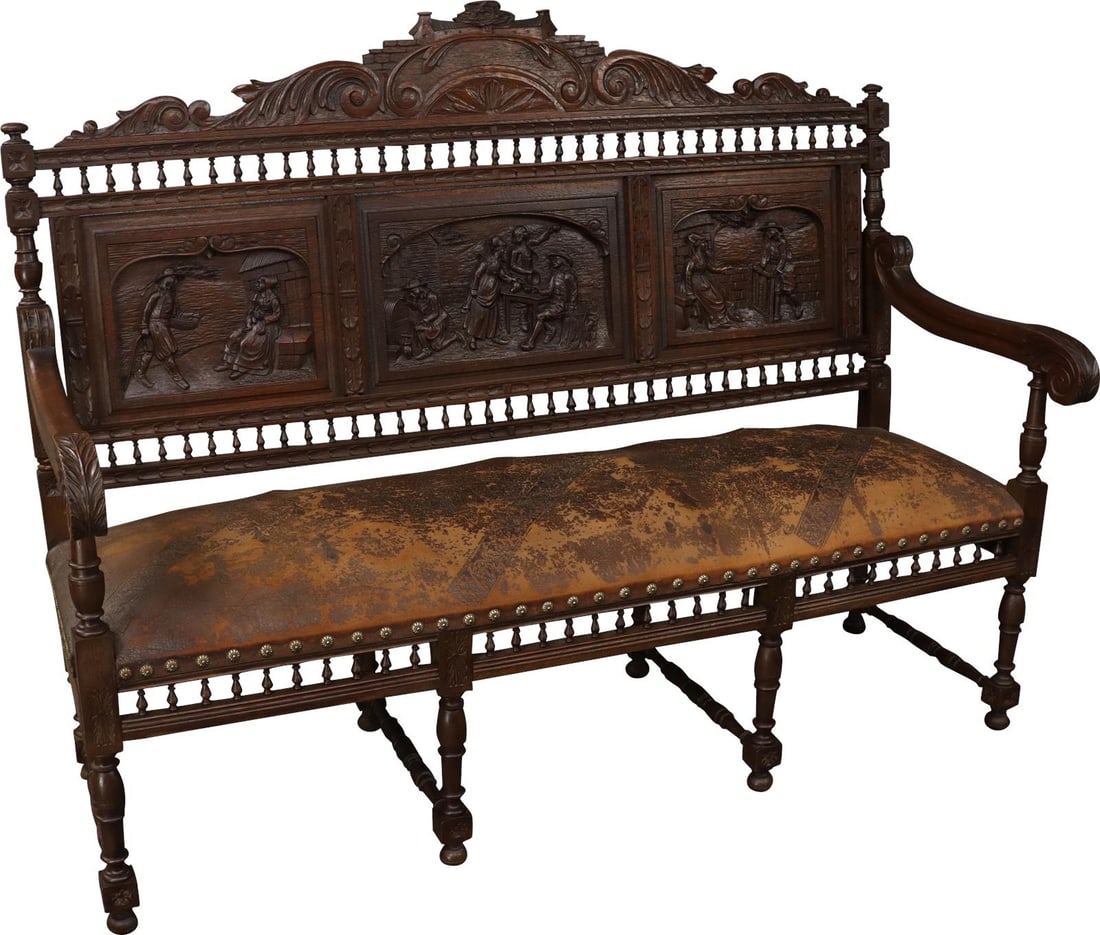 Vintage 1880 French Brittany Style Leather Settee: Vintage 1880 French Brittany Style Leather Settee This exquisite Antique French Brittany Style Leather Settee, dating back to 1880, showcases a unique blend of elegance and historical charm. Crafted f